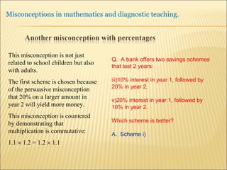 This misconception is not just related to school children but also with adults. The first scheme is chosen because of the persuasive misconception that 20% on a larger amount in year 2 will yield more money. This misconception is countered by demonstrating that multiplication is commutative:  1.1    1.2 = 1.2    1.1 Q.  A bank offers two savings schemes that last 2 years: 10% interest in year 1, followed by 20% in year 2. 20% interest in year 1, followed by 10% in year 2. Which scheme is better? A.  Scheme i) 