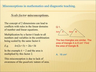The concept of 2 dimensions can lead to conflicts with rules in the linear domains of number and linear equations. Multiplication by a factor  k  leads to all numbers and variables in the combination being scaled by the same factor  k:  E.g.  k  (2 x+ 3)  =  2 kx+ 3 k In the example  k =  2 and the area is multiplied by this factor 2. This misconception is due to lack of awareness of the  quadratic  nature of area. Q 1.  3cm  A  6cm  B The two triangles are similar. The area of triangle A is 8 cm 2.  Find the area of triangle B. A.  16   cm 2 