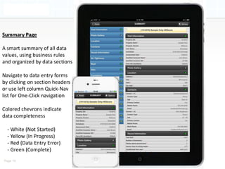 Summary Page

A smart summary of all data
values, using business rules
and organized by data sections

Navigate to data entry forms
by clicking on section headers
or use left column Quick-Nav
list for One-Click navigation

Colored chevrons indicate
data completeness

  - White (Not Started)
  - Yellow (In Progress)
  - Red (Data Entry Error)
  - Green (Complete)
Page 10
 