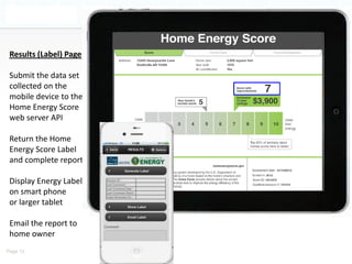 Results (Label) Page

 Submit the data set
 collected on the
 mobile device to the
 Home Energy Score
 web server API

 Return the Home
 Energy Score Label
 and complete report

 Display Energy Label
 on smart phone
 or larger tablet

 Email the report to
 home owner
Page 12
 