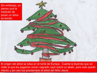 Sin embargo, yo pienso que la tradición de poner un árbol es bonita. El origen del árbol se sitúa en el norte de Europa . Cuenta la leyenda que un roble al que los paganos creían sagrado cayó sobre un abeto ,pero este quedo intacto y por eso fue proclamado el árbol del Niño Jesús 