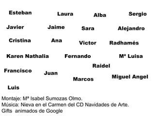 Esteban Javier Cristina Karen Nathalia Francisco Laura Jaime Ana Fernando Marcos Alba Sara Victor Radhamés Mª Luisa Raidel Juan Sergio Miguel Angel Alejandro Montaje: Mª Isabel Sumozas Olmo. Música: Nieva en el Carmen del CD Navidades de Arte. Gifts  animados de Google Luis 