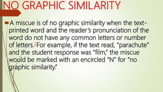 NO GRAPHIC SIMILARITY
A miscue is of no graphic similarity when the text-
printed word and the reader’s pronunciation of the
word do not have any common letters or number
of letters.2For example, if the text read, “parachute”
and the student response was “film,” the miscue
would be marked with an encircled “N” for “no
graphic similarity.”
 