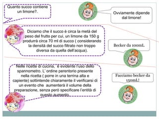 Diciamo che il succo è circa la metà del 
peso del frutto per cui, un limone da 150 g 
produrrà circa 70 ml di succo ( considerando 
la densità del succo filtrato non troppo 
diversa da quella dell’acqua). 
Nelle ricette di cucina, è evidente l’uso dello 
spannometro. L’ ordine perentorio presente 
nella ricetta ( porre in una terrina alta e 
capiente) sottintende chiaramente il verificarsi di 
un evento che aumenterà il volume della 
preparazione, senza però specificare l’entità di 
questo aumento. 
Ovviamente dipende 
dal limone! 
Becker da 100mL 
Facciamo becker da 
150mL! 
Quanto succo contiene 
un limone?. 
 