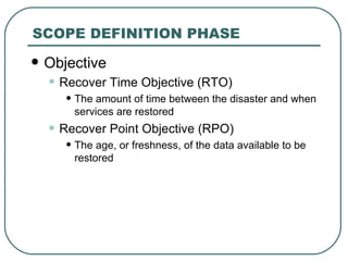 SCOPE DEFINITION PHASE Objective Recover Time Objective (RTO) The amount of time between the disaster and when services are restored Recover Point Objective (RPO) The age, or freshness, of the data available to be restored 