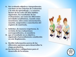 6. Ser evaluado objetiva e integralmente,
con base en los criterios de evaluación
y la ruta de aprendizaje. y a conocer,
dentro de los ocho (8) días hábiles
siguientes, los resultados de las
evaluaciones, así como las diferentes
novedades académicas, cuando estas
ocurrieren, tales como amonestación,
sanción, suspensión o cancelación del
registro de matrícula.
7. Solicitar, de manera respetuosa, la
revisión de las evaluaciones
correspondientes, si considera
8. que el resultado no es objetivo,
siguiendo el procedimiento establecido
en este Reglamento.
9. Recibir información acerca de las
diferentes opciones para desarrollar la
etapa productiva,
10. los derechos y obligaciones para el
desarrollo de la misma.
 