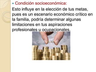 Condición socioeconómica:
Esto influye en la elección de tus metas,
pues es un escenario económico crítico en
la familia, podría determinar algunas
limitaciones en tus aspiraciones
profesionales u ocupacionales.


 