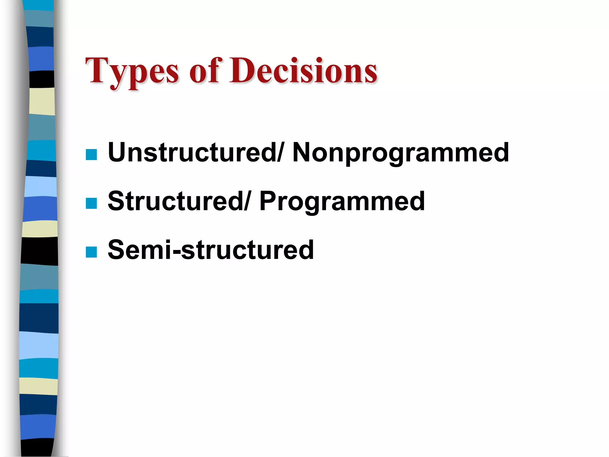Types of DecisionsUnstructured/ NonprogrammedStructured/ ProgrammedSemi-structured
