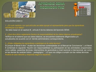 SOLUCIÓN DEL CASO 3 
SOLUCIÓN CASO 3 
1. ¿En qué capitulo y en qué artículos se debe apoyar el representante para que los aprendices 
identifiquen sus faltas? 
Se debe basar en el capitulo lll , artículo 9 de los deberes del Aprendiz SENA 
2. ¿Qué dice dicho reglamento frente a la responsabilidad de los datos básicos actualizados? 
Verificar en el sistema que sus datos básicos, se encuentren totalmente diligenciados y/o 
actualizarlos de acuerdo con el trámite administrativo correspondiente. 
3. ¿Están obligados los aprendices a participar en la visita técnica? 
Si porque el literal 8 dice “ Acatar las decisiones contempladas en el Manual de Convivencia.” y el literal 
9 contempla lo siguiente “Asumir con responsabilidad su participación en las actividades programadas 
como salidas, pasantías técnicas, intercambios de aprendices a nivel nacional e internacional, así como 
en las demás de carácter lúdico - pedagógico.” . LO que nos obliga a cumplir con las visitas técnicas. 
Analice el caso descrito y responda según lo requerido. 
 