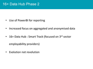 16+ Data Hub Phase 2
Title
• Use of PowerBI for reporting
• Increased focus on aggregated and anonymised data
• 16+ Data Hub : Smart Track (focused on 3rd sector
employability providers)
• Evolution not revolution
 