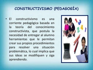 CONSTRUCTIVISMO (PEDAGOGÍA) 
• El constructivismo es una 
corriente pedagógica basada en 
la teoría del conocimiento 
constructivista, que postula la 
necesidad de entregar al alumno 
herramientas que le permitan 
crear sus propios procedimientos 
para resolver una situación 
problemática, lo cual implica que 
sus ideas se modifiquen y siga 
aprendiendo. 
 