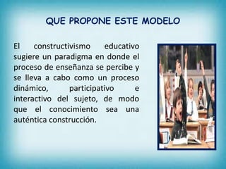 QUE PROPONE ESTE MODELO 
El constructivismo educativo 
sugiere un paradigma en donde el 
proceso de enseñanza se percibe y 
se lleva a cabo como un proceso 
dinámico, participativo e 
interactivo del sujeto, de modo 
que el conocimiento sea una 
auténtica construcción. 
 
