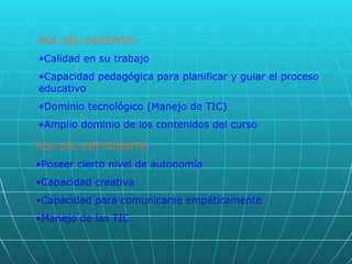 ROL DEL DOCENTE: Calidad en su trabajo Capacidad pedagógica para planificar y guiar el proceso educativo Dominio tecnológico (Manejo de TIC) Amplio dominio de los contenidos del curso ROL DEL ESTUDIANTE: Poseer cierto nivel de autonomía Capacidad creativa Capacidad para comunicarse empáticamente Manejo de las TIC 