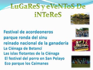 LuGaReS y eVeNToS DeiNTeReSFestival de acordeoneros parque ronda del sinureinado nacional de la ganaderíaLa Ciénaga de BetancíLas islas flotantes de la Ciénaga El festival del porro en San Pelayo Eco parque los Caimanes