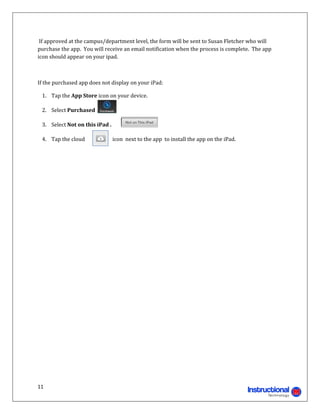 If	approved	at	the	campus/department	level,	the	form	will	be	sent	to	Susan	Fletcher	who	will	
purchase	the	app.		You	will	receive	an	email	notification	when	the	process	is	complete.		The	app	
icon	should	appear	on	your	ipad.	

	

If	the	purchased	app	does	not	display	on	your	iPad:	

    1. Tap	the	App	Store	icon	on	your	device.	
       	
    2. Select	Purchased		
       	
    3. Select	Not	on	this	iPad	.	
       	
    4. Tap	the	cloud	            icon		next	to	the	app		to	install	the	app	on	the	iPad.	
	




11 
                                                                                     
 