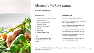 Grilled chicken salad
20 minutes • Makes 4 servings
INGREDIENTS
• 2 boneless, skinless chicken breasts
• Mixed salad greens
• Cherry tomatoes, halved
• Cucumber, sliced
• Red onion, thinly sliced
• Olive oil
• Lemon juice
• Salt and pepper to taste
TIP
Let the chicken rest for a few
minutes, then slice it into thin
strips.
PREPARATION
Preheat the grill to medium-high heat.
Season the chicken breasts with salt, pepper,
and a drizzle of olive oil.
Grill the chicken for about 6-8 minutes per
side, or until cooked through.
In a large bowl, combine the salad greens,
cherry tomatoes, cucumber, and red onion.
Drizzle with olive oil and lemon juice, and
season with salt and pepper.
Toss the salad gently to combine, then top
with the grilled chicken slices.
Calories approx. 670-790; total fat 35g; saturated fat 2.6g; cholesterol 2.5mg; sodium 310mg; total carbohydrate 55-
65g; dietary fiber 5.5g; protein 12g 9
 