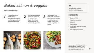 Baked salmon & veggies
1 hour • Makes 6 servings
1
Preheat the oven to
400°F (200°C).
Place the salmon fillets
on a baking sheet lined
with parchment paper.
2
Arrange the vegetables
around the salmon on
the baking sheet.
Drizzle olive oil and
lemon juice over the
salmon and vegetables.
3
Sprinkle with dried
herbs, salt, and pepper.
Bake for 12-15 minutes,
or until the salmon is
cooked to your liking
and the vegetables are
tender.
TIP
Try with sweet potatoes,
zucchini, and bell peppers.
INGREDIENTS
• 2 salmon fillets
• Assorted vegetables
• Olive oil
• Lemon juice
• Dried herbs (such as thyme or
rosemary)
• Salt and pepper to taste
Calories approx. 670-790; total fat 35g;
saturated fat 2.6g; cholesterol 2.5mg;
sodium 310mg; total carbohydrate 55-
65g; dietary fiber 5.5g; protein 12g 11
 