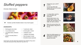 Stuffed peppers
45 minutes • Makes 4 servings
TIP If desired, sprinkle shredded cheese on top of each pepper.
INGREDIENTS
• 4 bell peppers (any color)
• 1 cup cooked quinoa
• 1 can black beans, drained &
rinsed
• 1 cup corn kernels (fresh or
frozen)
• 1 small onion, diced
• 2 cloves garlic, minced
• 1 teaspoon cumin
• 1 teaspoon chili powder
• Salt and pepper to taste
• Shredded cheese (optional)
Calories approx. 670-790; total fat 35g; saturated fat 2.6g; cholesterol 2.5mg; sodium
310mg; total carbohydrate 55-65g; dietary fiber 5.5g; protein 12g
1
Preheat the oven to 350°F
(175°C).
Cut the tops off the bell
peppers and remove the seeds
and membranes.
2
In a large skillet, sauté the
onion and garlic until
translucent.
Add the black beans, corn,
cooked quinoa, cumin, chili
powder, salt, and pepper to the
skillet. Stir well to combine.
3
Spoon the quinoa mixture into
the bell peppers, filling them to
the top.
4
Place the stuffed peppers on a
baking sheet and bake for 25-
30 minutes, or until the
peppers are tender.
6
 