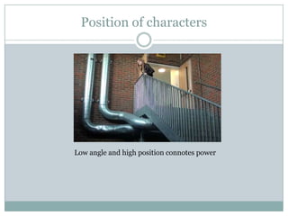 Position of characters

                    .




Low angle and high position connotes power
 