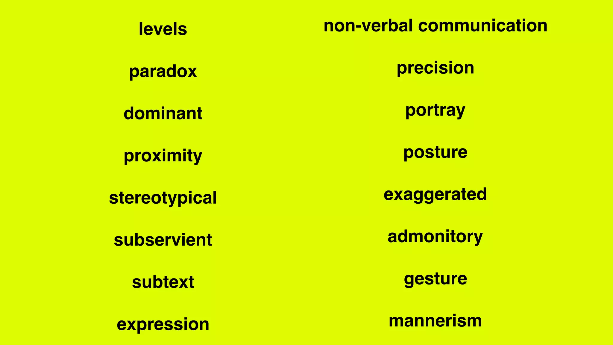 levels
paradox
dominant
proximity
stereotypical
subservient
subtext
expression
non-verbal communication
precision
portray
posture
exaggerated
admonitory
gesture
mannerism
 