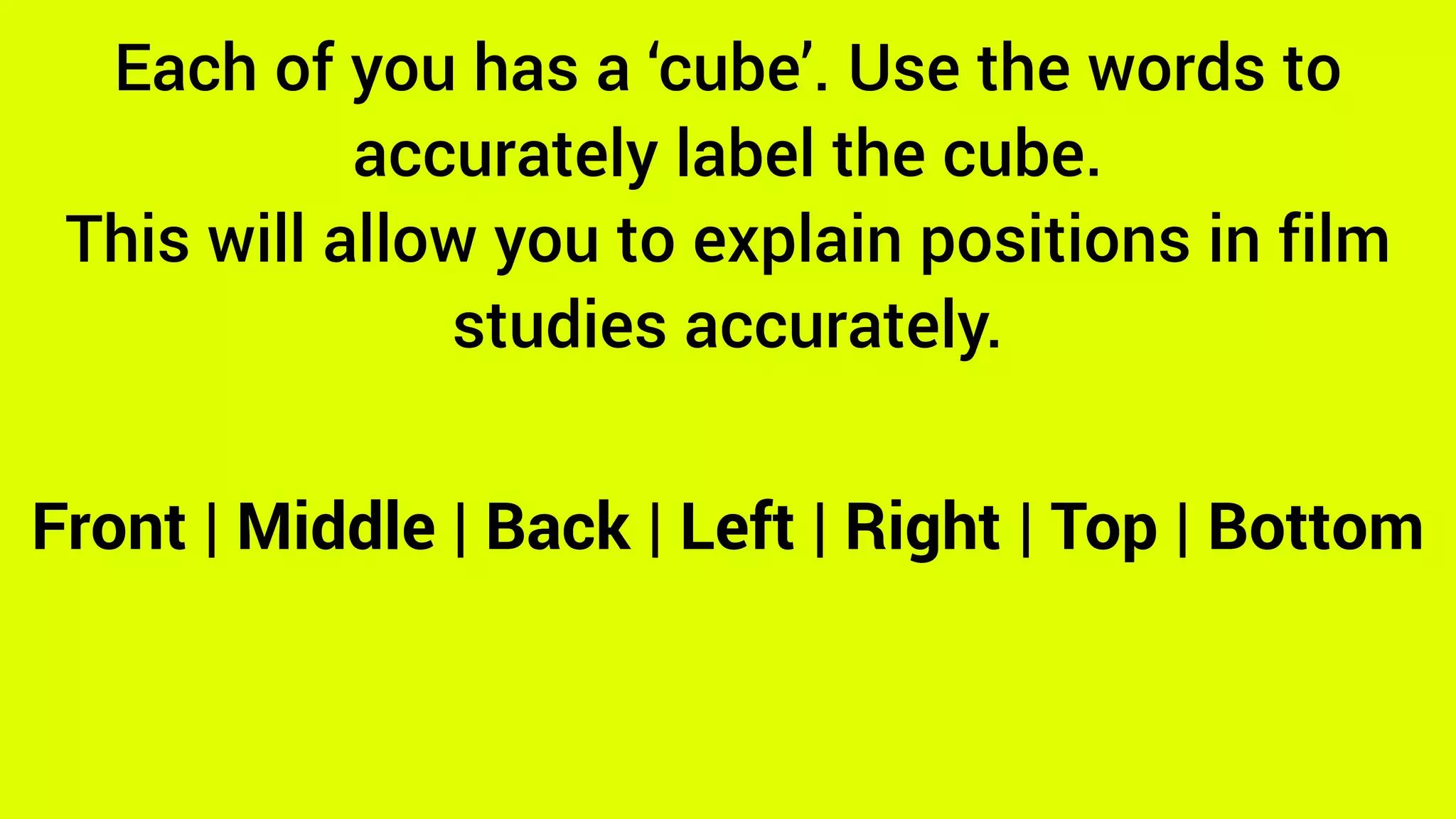 Each of you has a ‘cube’. Use the words to
accurately label the cube.
This will allow you to explain positions in film
studies accurately.
Front | Middle | Back | Left | Right | Top | Bottom
 