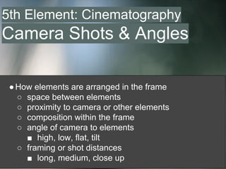 ●How elements are arranged in the frame
○ space between elements
○ proximity to camera or other elements
○ composition within the frame
○ angle of camera to elements
■ high, low, flat, tilt
○ framing or shot distances
■ long, medium, close up
5th Element: Cinematography
Camera Shots & Angles
 
