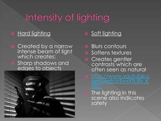 	Intensity of lighting Hard lighting Created by a narrow intense beam of light which creates:Sharp shadows and edges to objectsSoft lighting Blurs contoursSoftens texturesCreates gentler contrasts which are often seen as naturalhttp://www.youtube.com/watch?v=XTLXh_K5tZcThe lighting in this scene also indicates safety 