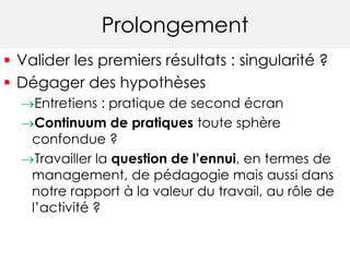 Prolongement
 Valider les premiers résultats : singularité ?
 Dégager des hypothèses
Entretiens : pratique de second écran
Continuum de pratiques toute sphère
confondue ?
Travailler la question de l’ennui, en termes de
management, de pédagogie mais aussi dans
notre rapport à la valeur du travail, au rôle de
l’activité ?
 