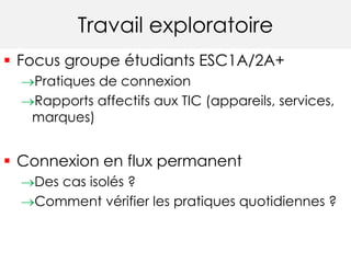 Travail exploratoire
 Focus groupe étudiants ESC1A/2A+
Pratiques de connexion
Rapports affectifs aux TIC (appareils, services,
marques)
 Connexion en flux permanent
Des cas isolés ?
Comment vérifier les pratiques quotidiennes ?
 