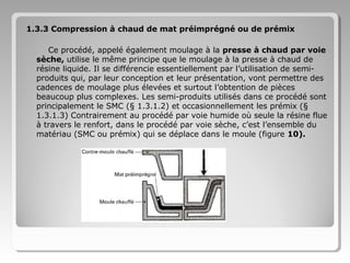 1.3.3 Compression à chaud de mat préimprégné ou de prémix
Ce procédé, appelé également moulage à la presse à chaud par voie
sèche, utilise le même principe que le moulage à la presse à chaud de
résine liquide. Il se différencie essentiellement par l’utilisation de semiproduits qui, par leur conception et leur présentation, vont permettre des
cadences de moulage plus élevées et surtout l’obtention de pièces
beaucoup plus complexes. Les semi-produits utilisés dans ce procédé sont
principalement le SMC (§ 1.3.1.2) et occasionnellement les prémix (§
1.3.1.3) Contrairement au procédé par voie humide où seule la résine flue
à travers le renfort, dans le procédé par voie sèche, c’est l’ensemble du
matériau (SMC ou prémix) qui se déplace dans le moule (figure 10).

 