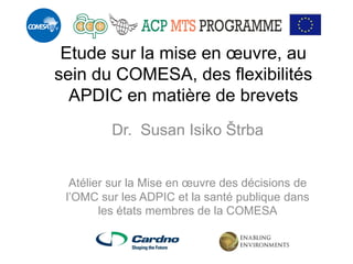 Etude sur la mise en oeuvre, au sein du COMESA, des flexibilités APDIC en matière de brevets 
Dr. Susan Isiko Štrba 
Atélier sur la Mise en oeuvre des décisions de l’OMC sur les ADPIC et la santé publique dans les états membres de la COMESA  
