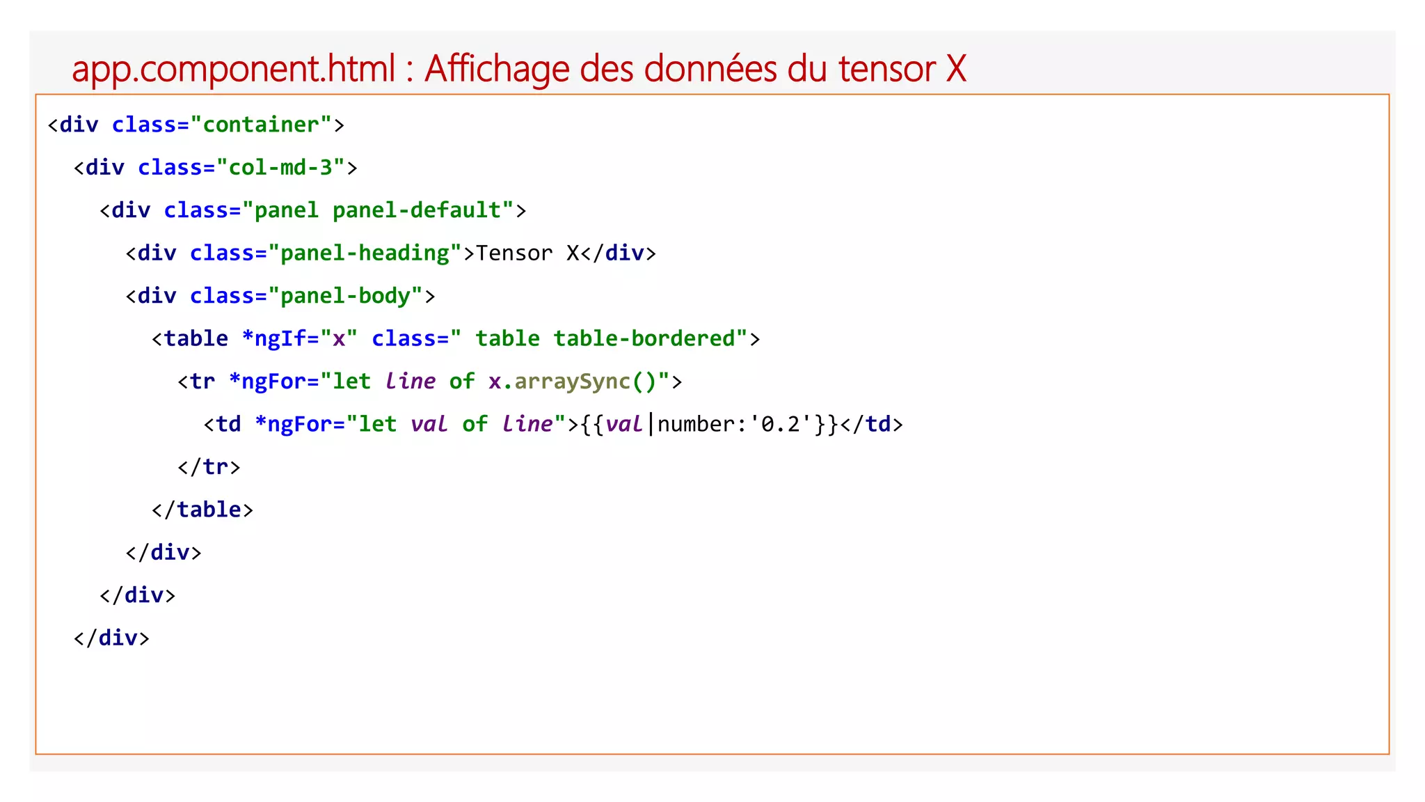 app.component.html : Affichage des données du tensor X
<div class="container">
<div class="col-md-3">
<div class="panel panel-default">
<div class="panel-heading">Tensor X</div>
<div class="panel-body">
<table *ngIf="x" class=" table table-bordered">
<tr *ngFor="let line of x.arraySync()">
<td *ngFor="let val of line">{{val|number:'0.2'}}</td>
</tr>
</table>
</div>
</div>
</div>
 