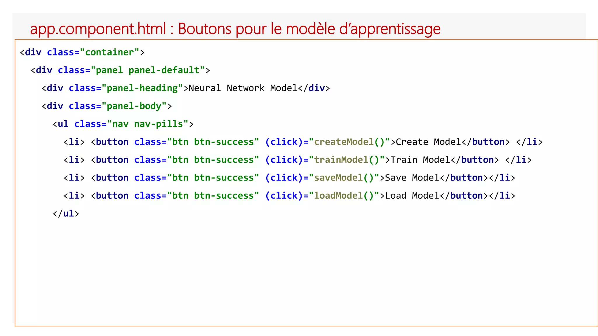 app.component.html : Boutons pour le modèle d’apprentissage
<div class="container">
<div class="panel panel-default">
<div class="panel-heading">Neural Network Model</div>
<div class="panel-body">
<ul class="nav nav-pills">
<li> <button class="btn btn-success" (click)="createModel()">Create Model</button> </li>
<li> <button class="btn btn-success" (click)="trainModel()">Train Model</button> </li>
<li> <button class="btn btn-success" (click)="saveModel()">Save Model</button></li>
<li> <button class="btn btn-success" (click)="loadModel()">Load Model</button></li>
</ul>
 