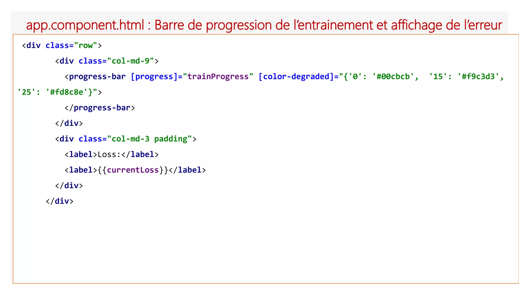 app.component.html : Barre de progression de l’entrainement et affichage de l’erreur
<div class="row">
<div class="col-md-9">
<progress-bar [progress]="trainProgress" [color-degraded]="{'0': '#00cbcb', '15': '#f9c3d3',
'25': '#fd8c8e'}">
</progress-bar>
</div>
<div class="col-md-3 padding">
<label>Loss:</label>
<label>{{currentLoss}}</label>
</div>
</div>
 