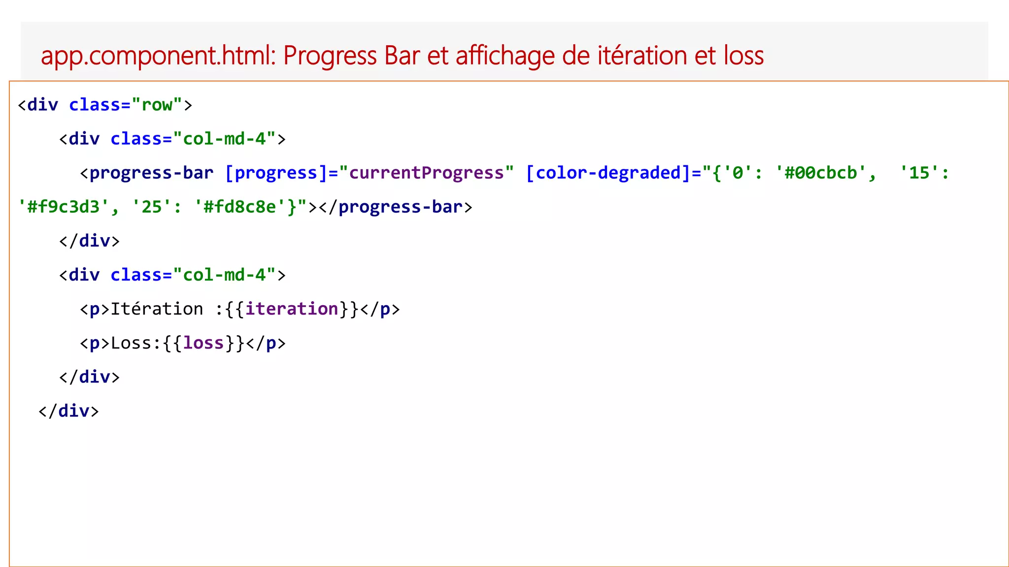 app.component.html: Progress Bar et affichage de itération et loss
<div class="row">
<div class="col-md-4">
<progress-bar [progress]="currentProgress" [color-degraded]="{'0': '#00cbcb', '15':
'#f9c3d3', '25': '#fd8c8e'}"></progress-bar>
</div>
<div class="col-md-4">
<p>Itération :{{iteration}}</p>
<p>Loss:{{loss}}</p>
</div>
</div>
 