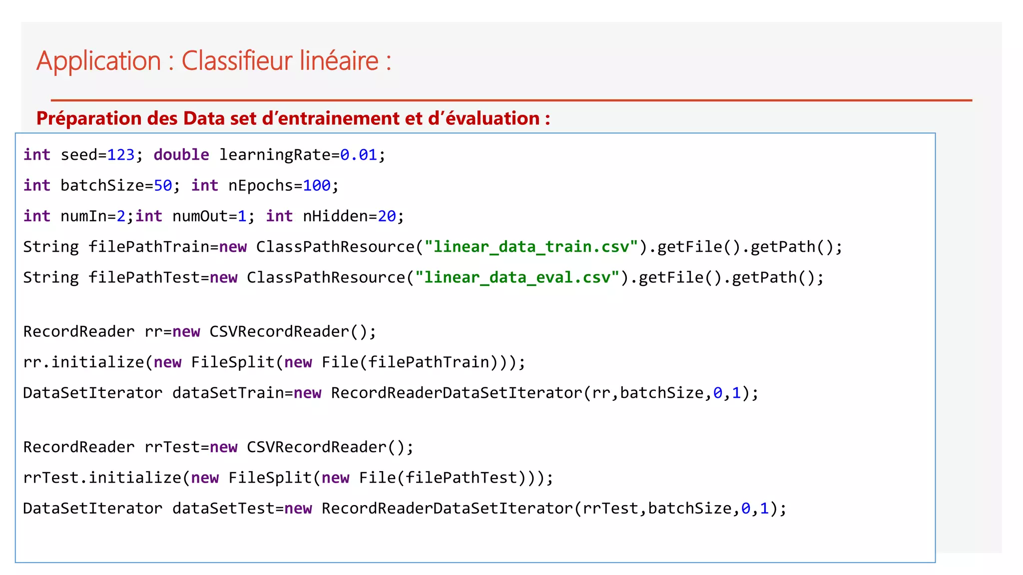 Application : Classifieur linéaire :
int seed=123; double learningRate=0.01;
int batchSize=50; int nEpochs=100;
int numIn=2;int numOut=1; int nHidden=20;
String filePathTrain=new ClassPathResource("linear_data_train.csv").getFile().getPath();
String filePathTest=new ClassPathResource("linear_data_eval.csv").getFile().getPath();
RecordReader rr=new CSVRecordReader();
rr.initialize(new FileSplit(new File(filePathTrain)));
DataSetIterator dataSetTrain=new RecordReaderDataSetIterator(rr,batchSize,0,1);
RecordReader rrTest=new CSVRecordReader();
rrTest.initialize(new FileSplit(new File(filePathTest)));
DataSetIterator dataSetTest=new RecordReaderDataSetIterator(rrTest,batchSize,0,1);
Préparation des Data set d’entrainement et d’évaluation :
 