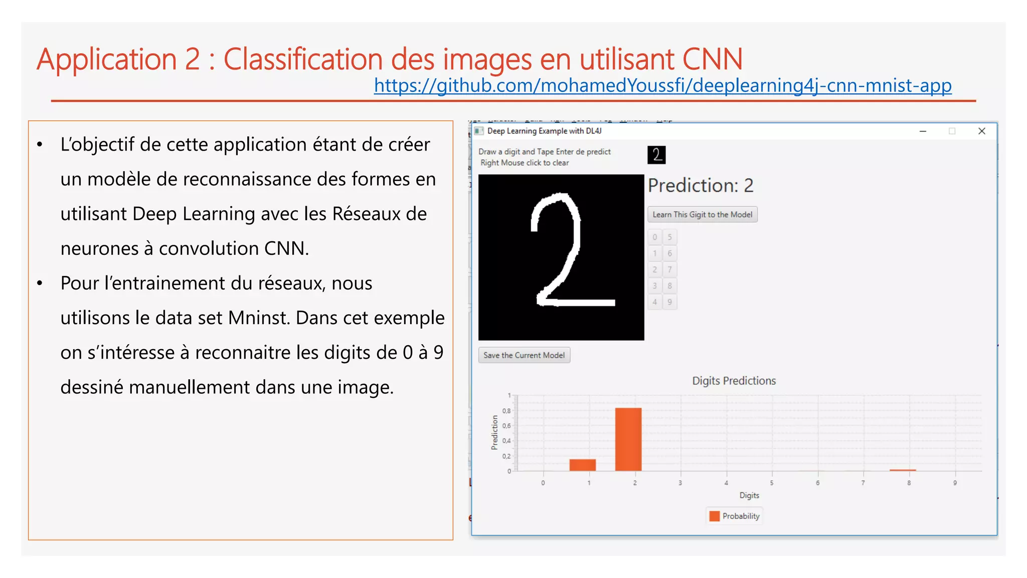 Application 2 : Classification des images en utilisant CNN
• L’objectif de cette application étant de créer
un modèle de reconnaissance des formes en
utilisant Deep Learning avec les Réseaux de
neurones à convolution CNN.
• Pour l’entrainement du réseaux, nous
utilisons le data set Mninst. Dans cet exemple
on s’intéresse à reconnaitre les digits de 0 à 9
dessiné manuellement dans une image.
https://github.com/mohamedYoussfi/deeplearning4j-cnn-mnist-app
 