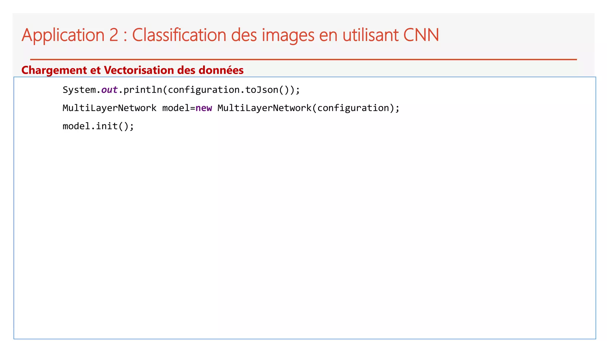 Application 2 : Classification des images en utilisant CNN
System.out.println(configuration.toJson());
MultiLayerNetwork model=new MultiLayerNetwork(configuration);
model.init();
Chargement et Vectorisation des données
 