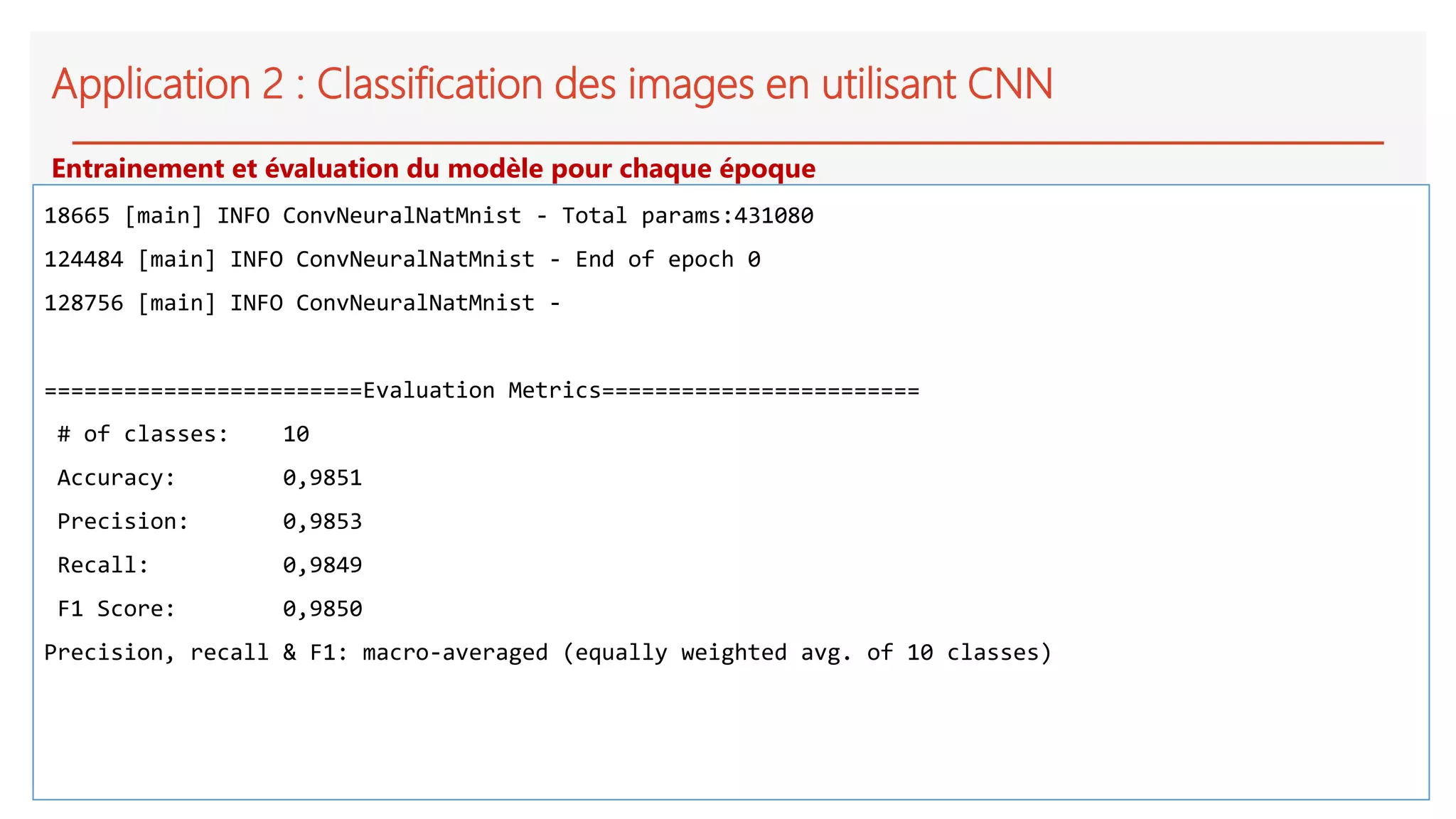 Application 2 : Classification des images en utilisant CNN
18665 [main] INFO ConvNeuralNatMnist - Total params:431080
124484 [main] INFO ConvNeuralNatMnist - End of epoch 0
128756 [main] INFO ConvNeuralNatMnist -
========================Evaluation Metrics========================
# of classes: 10
Accuracy: 0,9851
Precision: 0,9853
Recall: 0,9849
F1 Score: 0,9850
Precision, recall & F1: macro-averaged (equally weighted avg. of 10 classes)
Entrainement et évaluation du modèle pour chaque époque
 