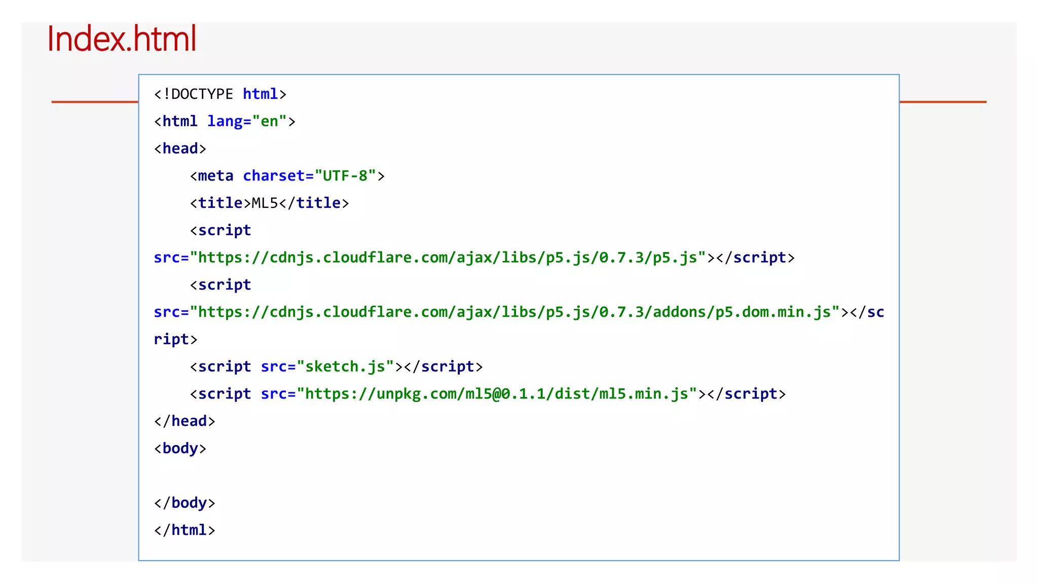 Index.html
<!DOCTYPE html>
<html lang="en">
<head>
<meta charset="UTF-8">
<title>ML5</title>
<script
src="https://cdnjs.cloudflare.com/ajax/libs/p5.js/0.7.3/p5.js"></script>
<script
src="https://cdnjs.cloudflare.com/ajax/libs/p5.js/0.7.3/addons/p5.dom.min.js"></sc
ript>
<script src="sketch.js"></script>
<script src="https://unpkg.com/ml5@0.1.1/dist/ml5.min.js"></script>
</head>
<body>
</body>
</html>
 