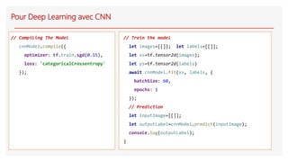 // Compiling The Model
cnnModel.compile({
optimizer: tf.train.sgd(0.15),
loss: 'categoricalCrossentropy'
});
Pour Deep Learning avec CNN
// Train the model
let images=[[]]; let labels=[[]];
let xs=tf.tensor2d(images);
let ys=tf.tensor2d(labels)
await cnnModel.fit(xs, labels, {
batchSize: 60,
epochs: 1
});
// Prediction
let inputImage=[[]];
let outputLabel=cnnModel.predict(inputImage);
console.log(outputLabel);
}
 