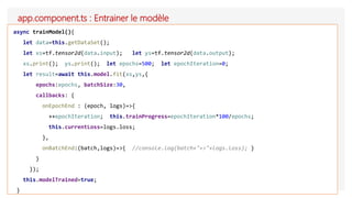 app.component.ts : Entrainer le modèle
async trainModel(){
let data=this.getDataSet();
let xs=tf.tensor2d(data.input); let ys=tf.tensor2d(data.output);
xs.print(); ys.print(); let epochs=500; let epochIteration=0;
let result=await this.model.fit(xs,ys,{
epochs:epochs, batchSize:30,
callbacks: {
onEpochEnd : (epoch, logs)=>{
++epochIteration; this.trainProgress=epochIteration*100/epochs;
this.currentLoss=logs.loss;
},
onBatchEnd:(batch,logs)=>{ //console.log(batch+"=>"+logs.loss); }
}
});
this.modelTrained=true;
}
 