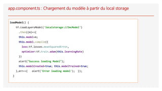 app.component.ts : Chargement du modèle à partir du local storage
loadModel() {
tf.loadLayersModel('localstorage://ImcModel')
.then((m)=>{
this.model=m;
this.model.compile({
loss:tf.losses.meanSquaredError,
optimizer:tf.train.adam(this.learningRate)
})
alert("Success loading Model");
this.modelCreated=true; this.modelTrained=true;
},err=>{ alert('Error loading model'); });
}
 