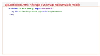 app.component.html : Affichage d’une image représentant le modèle
<div class="col-md-4 padding" *ngIf="modelCreated">
<img src="assets/images/model.png" class="img-thumbnail">
</div>
 