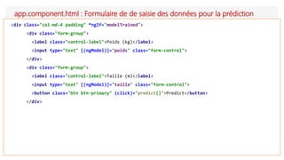 app.component.html : Formulaire de de saisie des données pour la prédiction
<div class="col-md-4 padding" *ngIf="modelTrained">
<div class="form-group">
<label class="control-label">Poids (kg)</label>
<input type="text" [(ngModel)]="poids" class="form-control">
</div>
<div class="form-group">
<label class="control-label">Taille (m)</label>
<input type="text" [(ngModel)]="taille" class="form-control">
<button class="btn btn-primary" (click)="predict()">Predict</button>
</div>
 