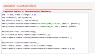 Application : Classifieur linéaire :
int seed=123; double learningRate=0.01;
int batchSize=50; int nEpochs=100;
int numIn=2;int numOut=1; int nHidden=20;
String filePathTrain=new ClassPathResource("linear_data_train.csv").getFile().getPath();
String filePathTest=new ClassPathResource("linear_data_eval.csv").getFile().getPath();
RecordReader rr=new CSVRecordReader();
rr.initialize(new FileSplit(new File(filePathTrain)));
DataSetIterator dataSetTrain=new RecordReaderDataSetIterator(rr,batchSize,0,1);
RecordReader rrTest=new CSVRecordReader();
rrTest.initialize(new FileSplit(new File(filePathTest)));
DataSetIterator dataSetTest=new RecordReaderDataSetIterator(rrTest,batchSize,0,1);
Préparation des Data set d’entrainement et d’évaluation :
 