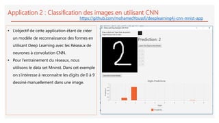 Application 2 : Classification des images en utilisant CNN
• L’objectif de cette application étant de créer
un modèle de reconnaissance des formes en
utilisant Deep Learning avec les Réseaux de
neurones à convolution CNN.
• Pour l’entrainement du réseaux, nous
utilisons le data set Mninst. Dans cet exemple
on s’intéresse à reconnaitre les digits de 0 à 9
dessiné manuellement dans une image.
https://github.com/mohamedYoussfi/deeplearning4j-cnn-mnist-app
 