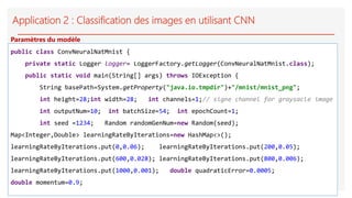 Application 2 : Classification des images en utilisant CNN
public class ConvNeuralNatMnist {
private static Logger logger= LoggerFactory.getLogger(ConvNeuralNatMnist.class);
public static void main(String[] args) throws IOException {
String basePath=System.getProperty("java.io.tmpdir")+"/mnist/mnist_png";
int height=28;int width=28; int channels=1;// signe channel for graysacle image
int outputNum=10; int batchSize=54; int epochCount=1;
int seed =1234; Random randomGenNum=new Random(seed);
Map<Integer,Double> learningRateByIterations=new HashMap<>();
learningRateByIterations.put(0,0.06); learningRateByIterations.put(200,0.05);
learningRateByIterations.put(600,0.028); learningRateByIterations.put(800,0.006);
learningRateByIterations.put(1000,0.001); double quadraticError=0.0005;
double momentum=0.9;
Paramètres du modèle
 