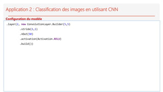 Application 2 : Classification des images en utilisant CNN
.layer(2, new ConvolutionLayer.Builder(5,5)
.stride(1,1)
.nOut(50)
.activation(Activation.RELU)
.build())
Configuration du modèle
 