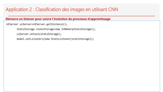 Application 2 : Classification des images en utilisant CNN
UIServer uiServer=UIServer.getInstance();
StatsStorage statsStorage=new InMemoryStatsStorage();
uiServer.attach(statsStorage);
model.setListeners(new StatsListener(statsStorage));
Démarre un listener pour suivre l’évolution du processus d’apprentissage
 